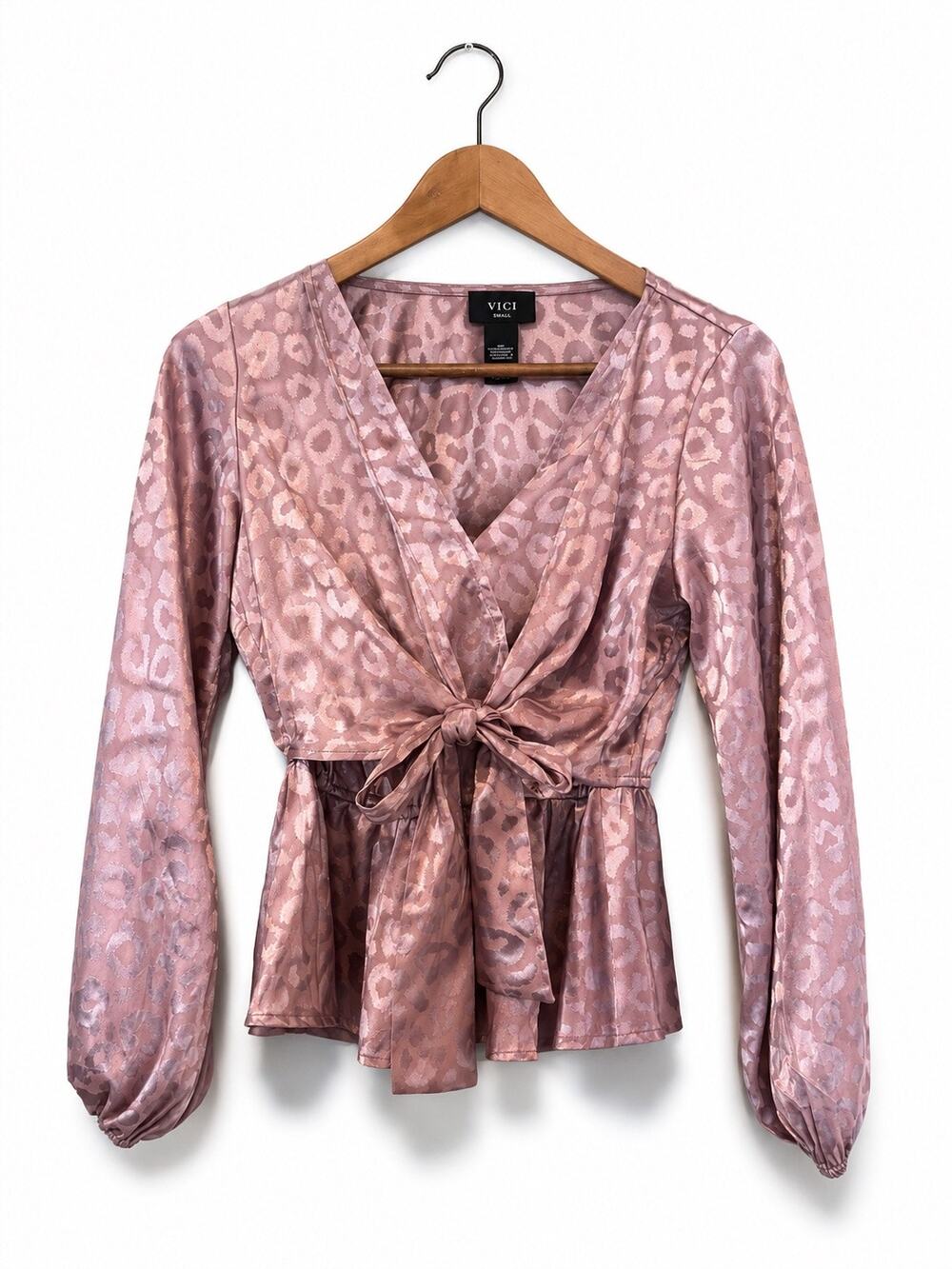 NWOT Vici Pink Leopard Jacquard Wrap Blouse Women's Tie Front Peplum Long Sleeve